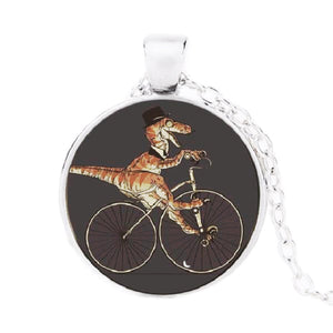 Resin Dapper Dinosaur On a Bike Pendant Vintage Chain Statement Necklace