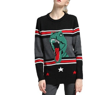 Striped  Dinosaur Jacquard Oversized Sweater