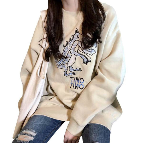 Oversize Dino Hoodie Embroidered Sweatshirt