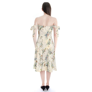Jurassic Blossom  Shoulder Tie Bardot Midi Dress