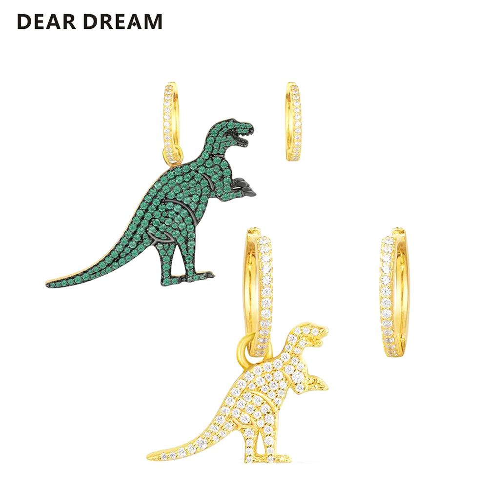 925 Sterling Pin  Animal Earrings Dinosaurs Asymmetric Earrings Green/Gold Cubic Zircon Animal Dinosaur
