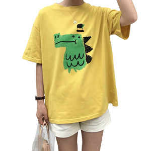 Oversize Cotton Crayon Dinosaur Cotton T-shirt