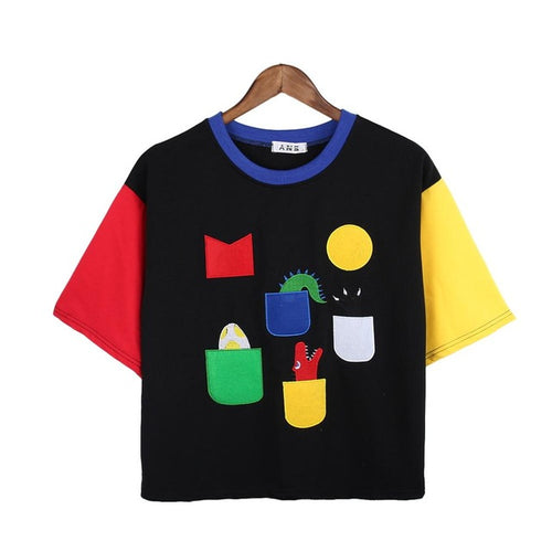 Embroidered Dino Portal Color Block T-shirt