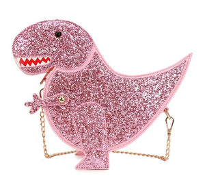 Sparkle Glitter  Dinosaur Vegan Leather Crossbody Mini Messenger Handbag Chain Purse