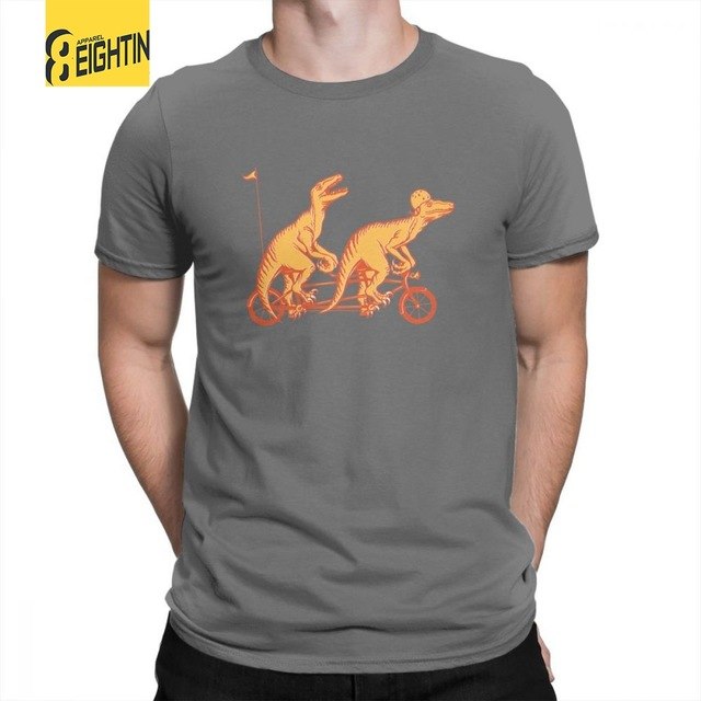 Bicycle Built For Two Velociraptor  T-Shirts Men's Simple Crew Neck Short Sleeved T Shirts Pure Cotton New Design Tees