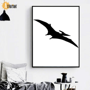 Dinosaur Pteranodon Black And White  Silhouette Canvas Print Wall Art