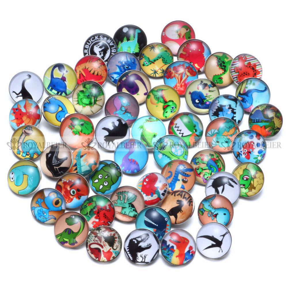 50 Piece Dinosaur Theme Glass Charms 18mm Snap Button For 20mm Snap Bracelet Snap Jewelry