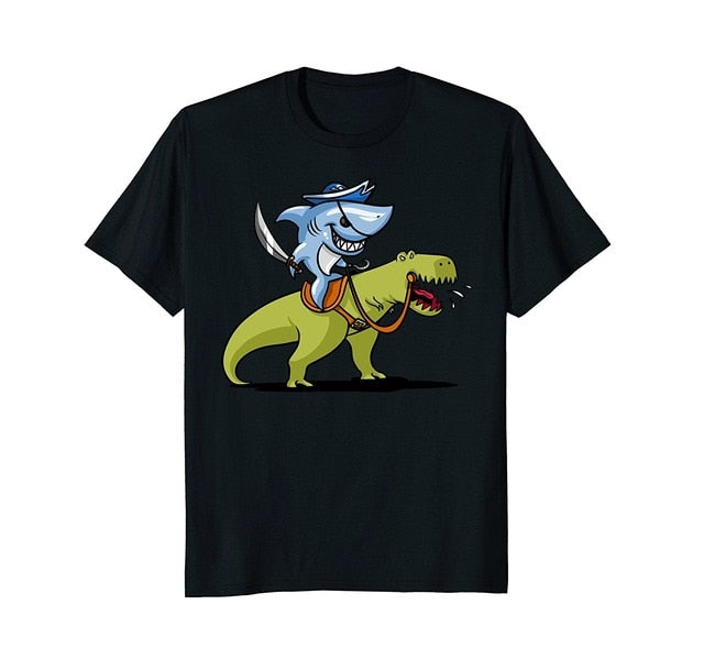Cotton Shark Pirate Gets a 5 star T-Rex Lyft On A Dinosaur T-Shirt