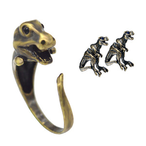 T-Rex Dinosaur Animal Wrap Ring & Two Side Stud Earring Jewelry Gift Set