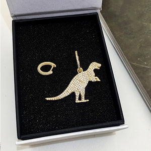 3 Piece Cubic Zirconia "Gold or Silver" Dinosaur Pendant Necklace & Earring Jewelry Gift Set