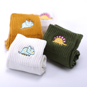 Embroidered Ribbed Ankle Dinosaur Cotton Women’s Socks